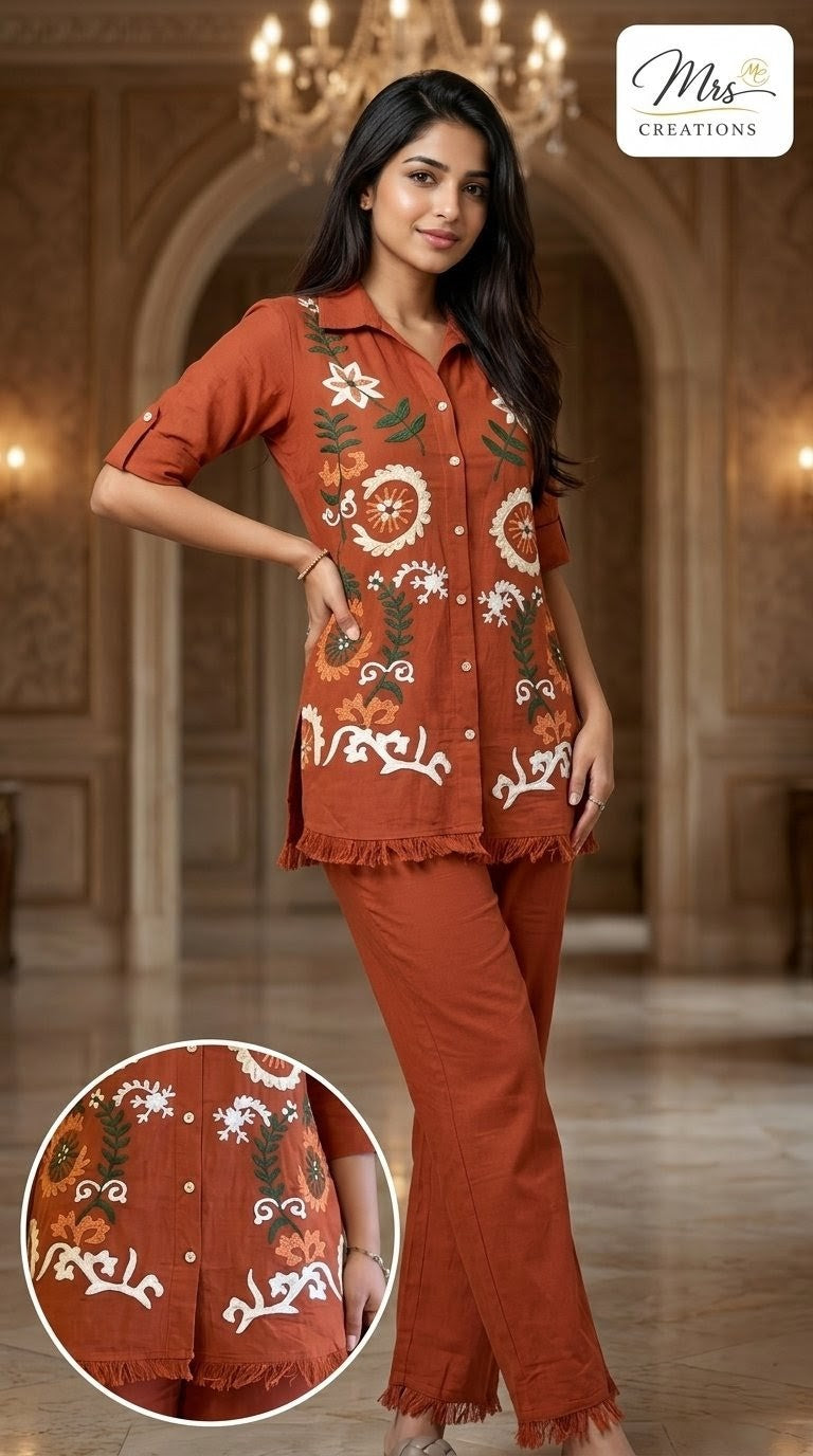 Navy blue embroidered kurti neckline detail - Mrs Creations