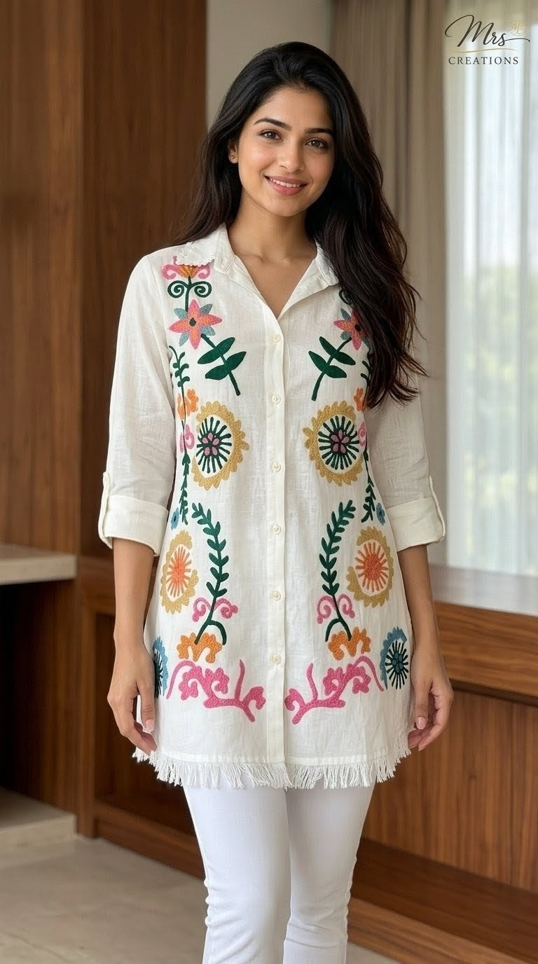 Cotton pant kurti co-ord set embroidery neckline detail - Mrs Creations