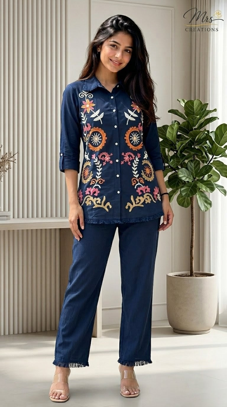 Navy blue cotton kurti and pant co-ord set - side view - Mrs Creations