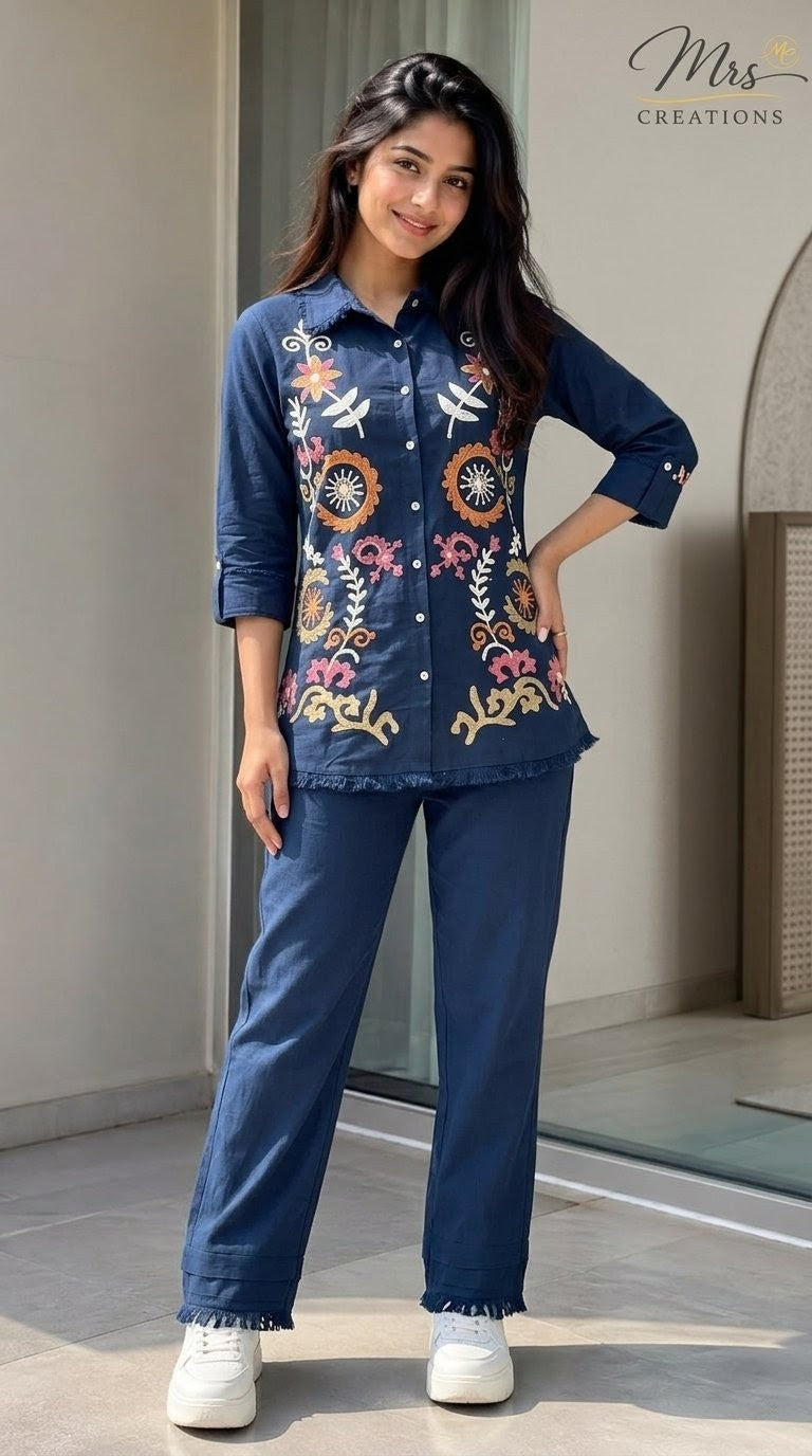 Navy blue pant kurti co-ord set embroidery close-up - Mrs Creations