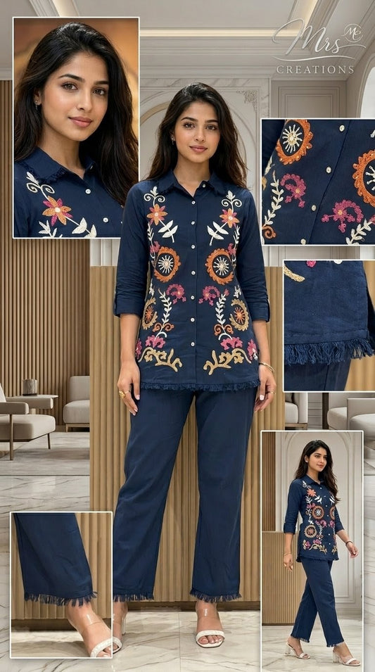 Navy blue cotton pant kurti co-ord set with embroidery - front view - Mrs Creations