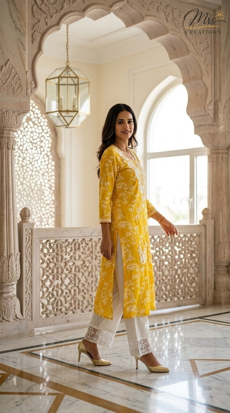 Pant kurti neck embroidery close-up detail - Mrs Creations