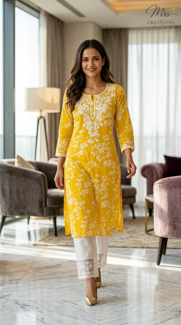 Printed cotton pant kurti set front view - Mrs Creations