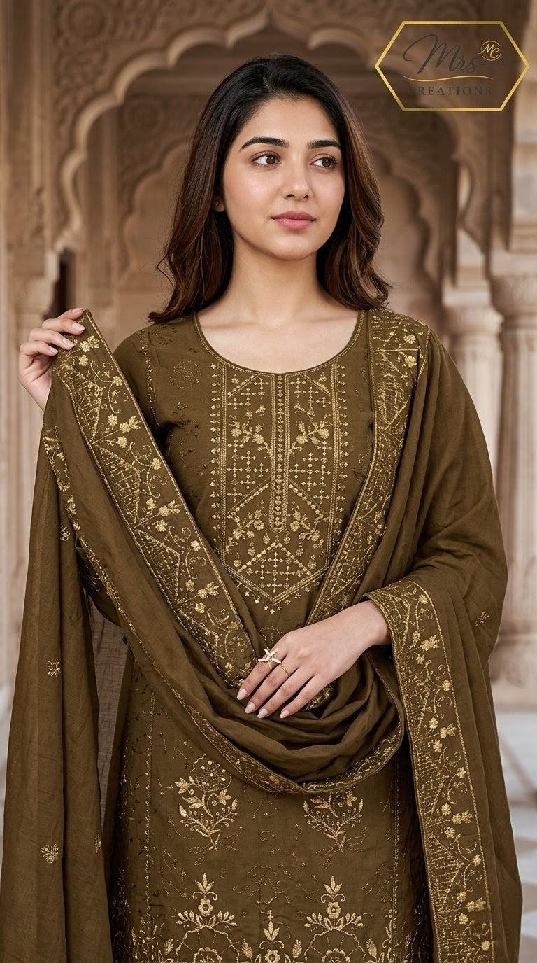Jade Ombre suit dark brown embroidery detail - Mrs Creations