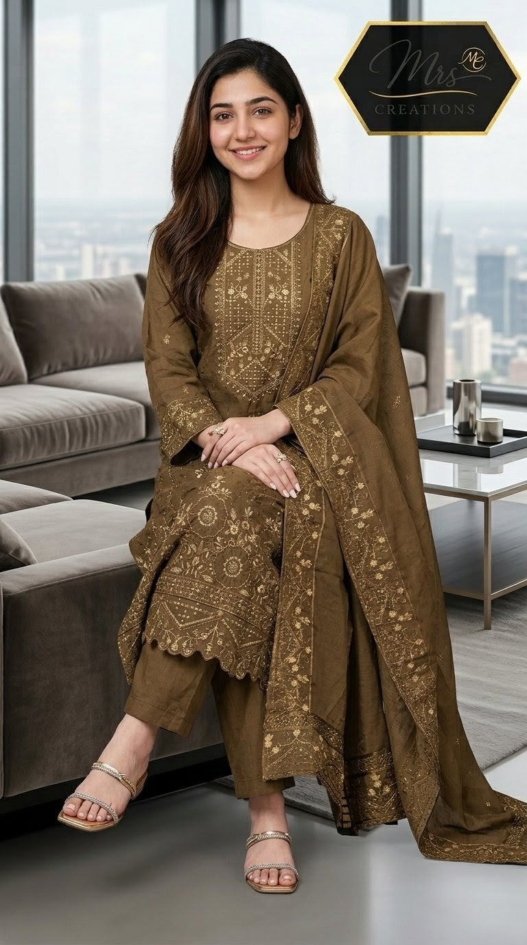 Jade Ombre olive embroidered unstitched Pakistani suit - Mrs Creations