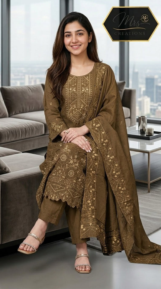 Jade Ombre olive embroidered unstitched Pakistani suit - Mrs Creations
